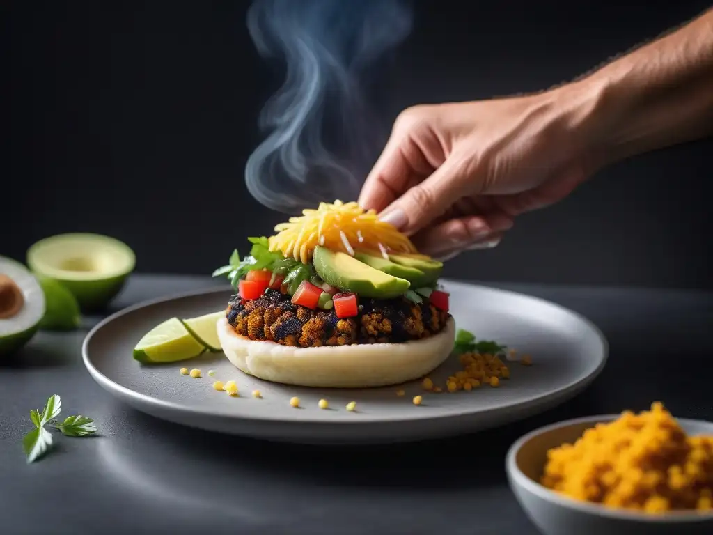 Un chef experto moldea una arepa vegana redonda con coloridos rellenos en un ambiente de cocina moderna y luminosa