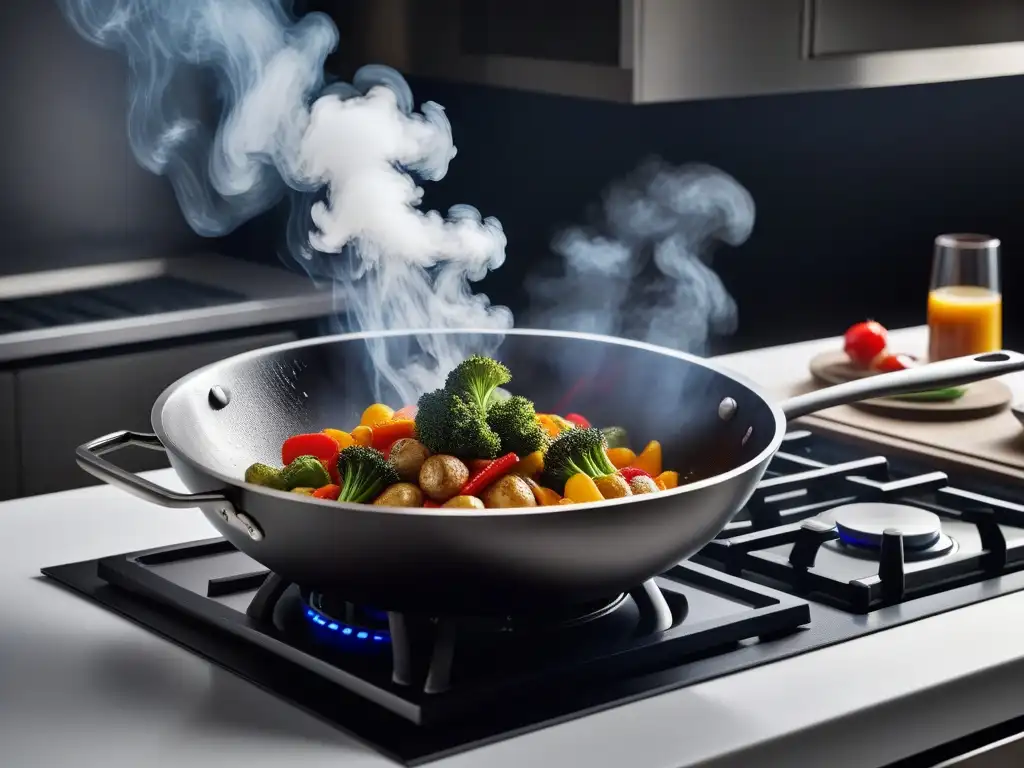 Un chef experto en una cocina moderna, salteando verduras crujientes con destreza