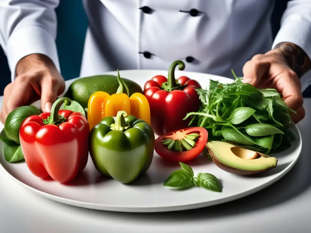 Un chef experto en cocina vegana dispone con precisión ingredientes frescos y coloridos en un plato blanco, fusionando arte culinario y técnicas científicas