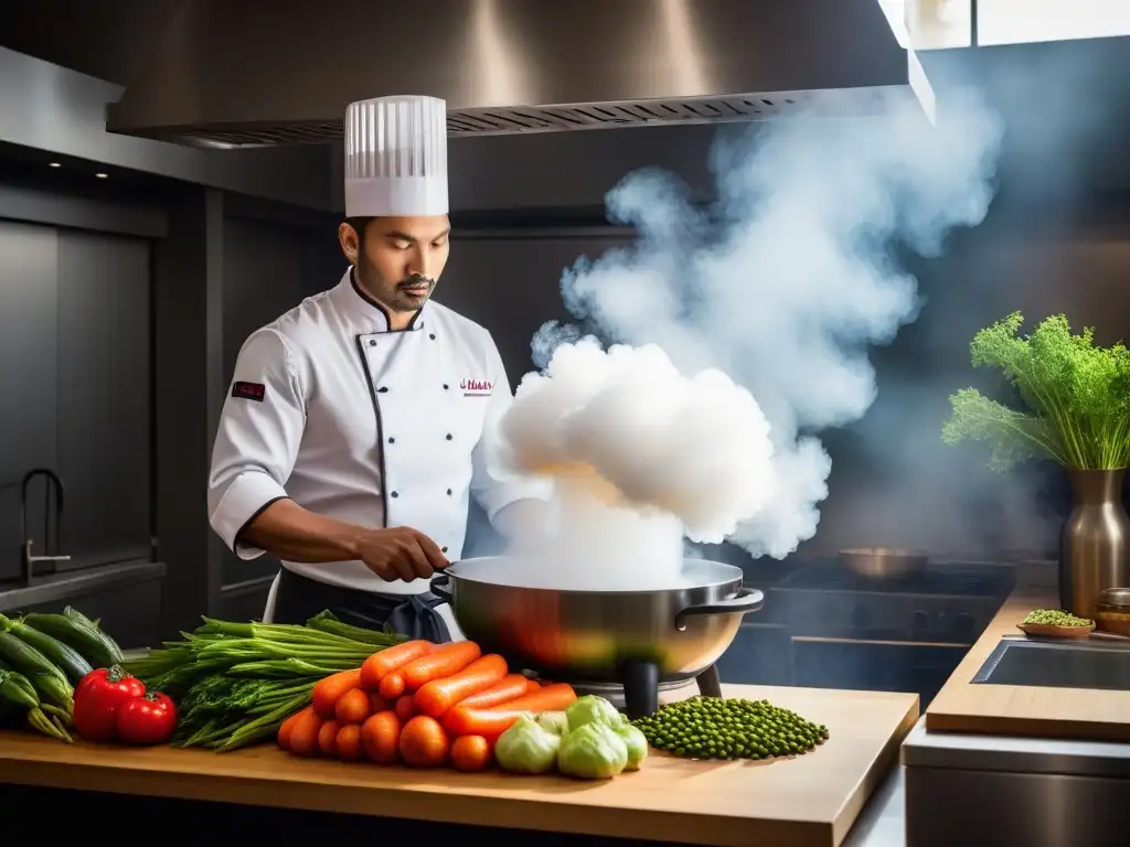 Chef experto cocina vegana al vapor con bambú, creando un festín de colores y aromas