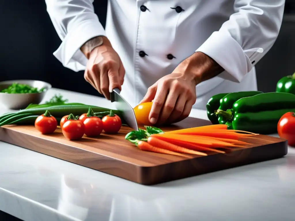 Un chef experto corta verduras coloridas en una cocina moderna