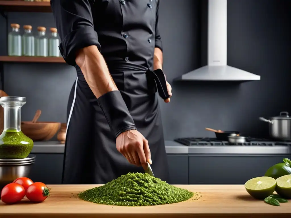 Un chef experto prepara con cuidado un pesto vegano gourmet en una cocina elegante y moderna