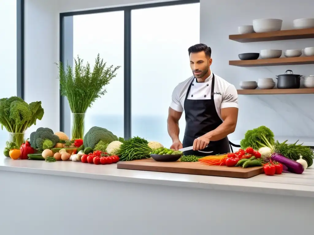 Un chef experto en un curso exclusivo de cocina vegana maestros, preparando una colorida obra de arte culinaria en una cocina moderna y vibrante