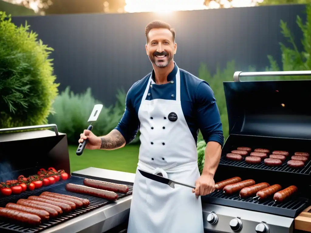 Un chef experto prepara con destreza salchichas veganas caseras en una parrilla moderna