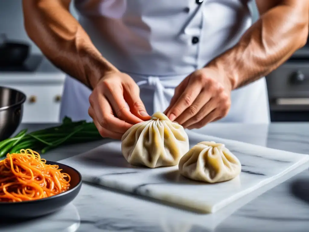 Un chef experto dobla dumplings veganos con masa perfecta en una cocina moderna