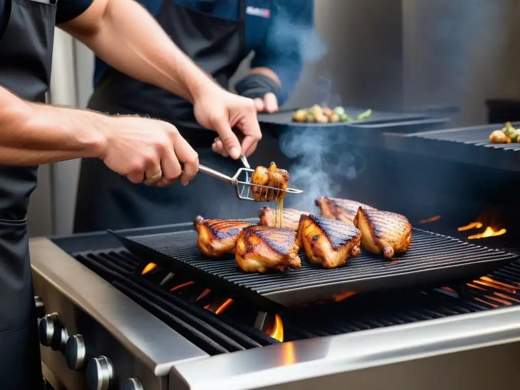 Chef experto cocina pollo vegano en parrilla, revelando secreto sabor auténtico