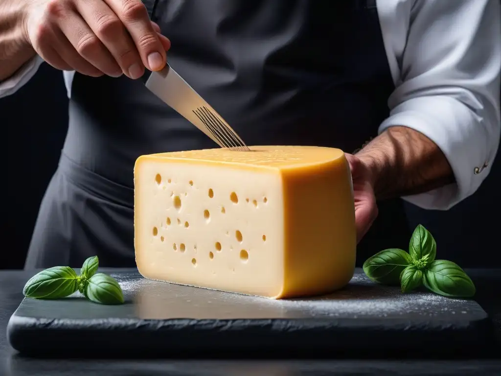 Un chef experto moldea con precisión un bloque de queso Colby vegano para hamburguesas, destacando la delicadeza y arte en su elaboración