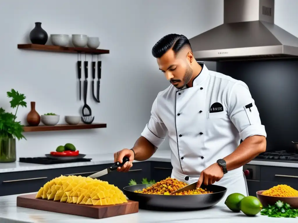 Un chef experto prepara tacos de jackfruit en una cocina vibrante y moderna