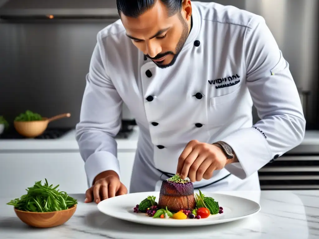 Un chef experto en técnicas avanzadas de cocina vegana prepara con elegancia un sofisticado plato vegano en una cocina moderna y luminosa