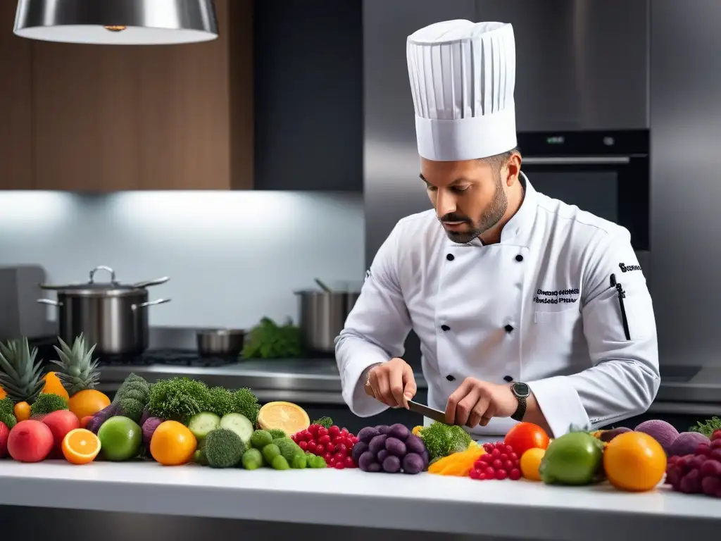 Un chef experto usando técnicas avanzadas de cocina vegana para crear un plato innovador y visualmente impactante