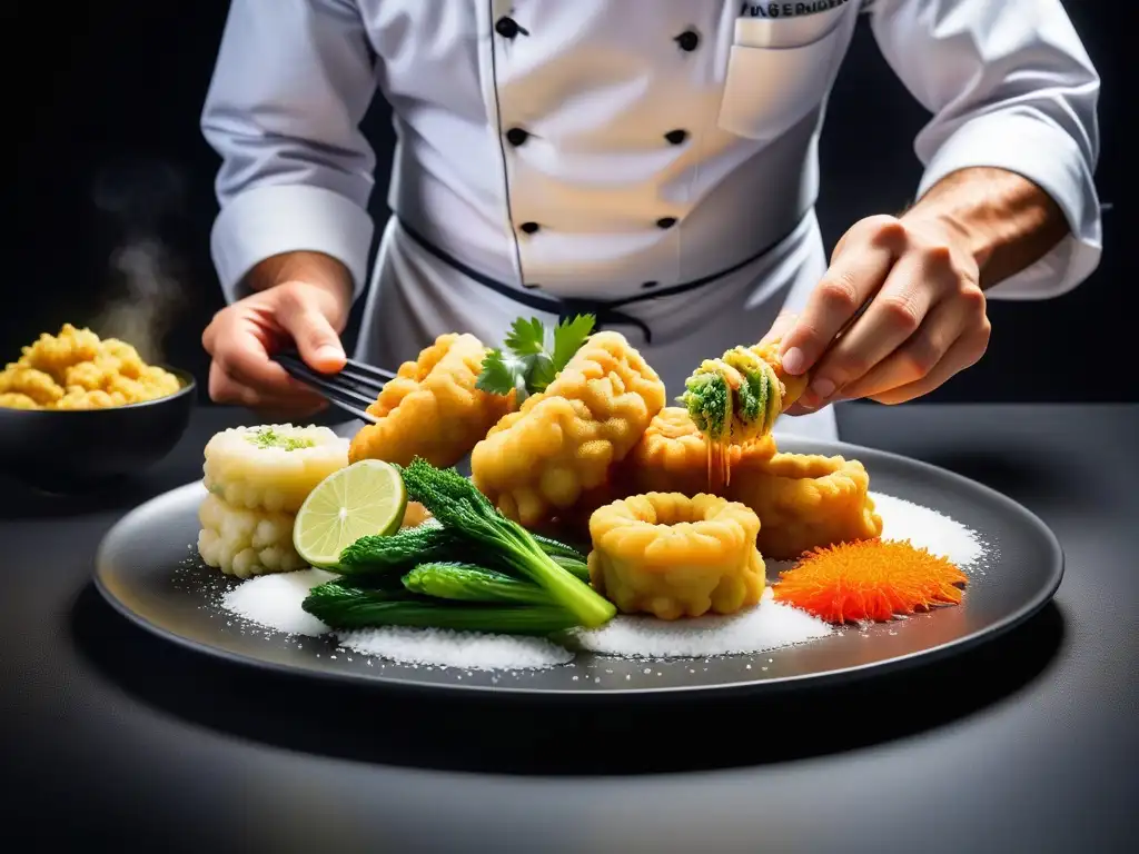 Un chef experto prepara tempura vegana con precisión y arte, destacando la técnica y colores vibrantes