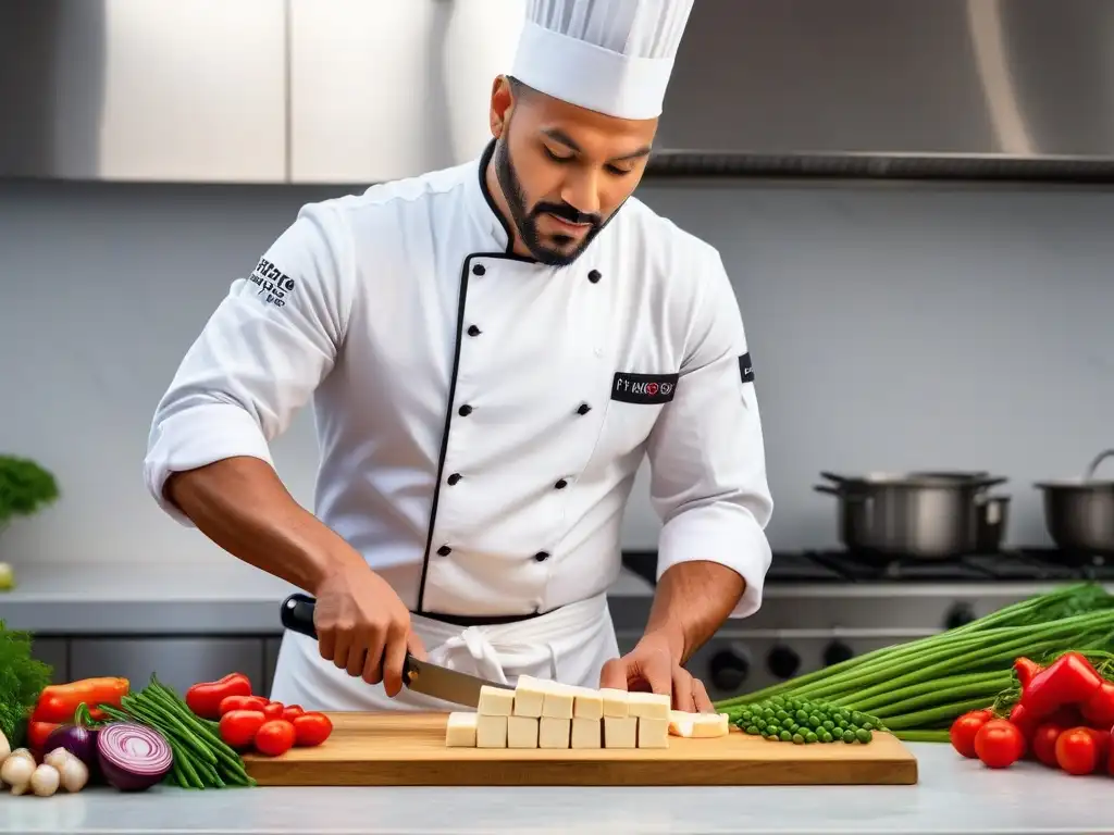 Chef experto cortando tofu en tiras finas en cocina minimalista