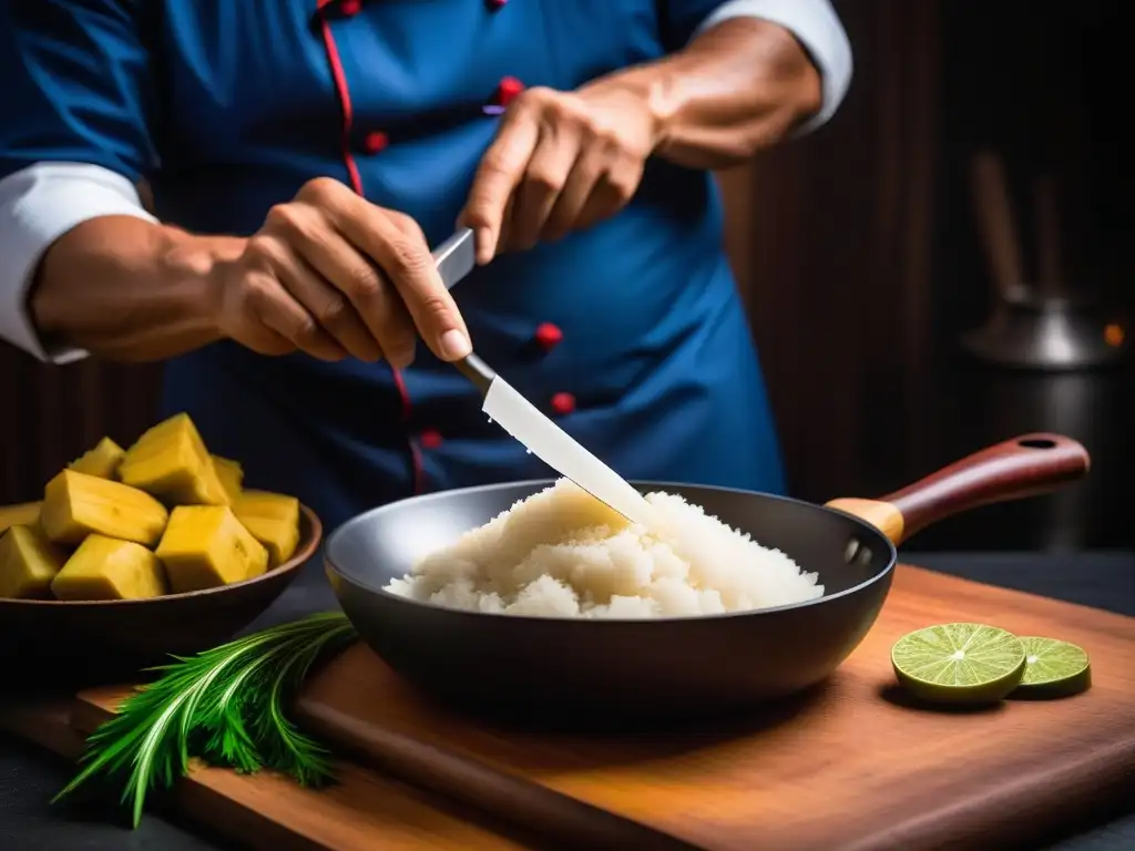 Un chef experto pela una yuca fresca en una cocina colorida