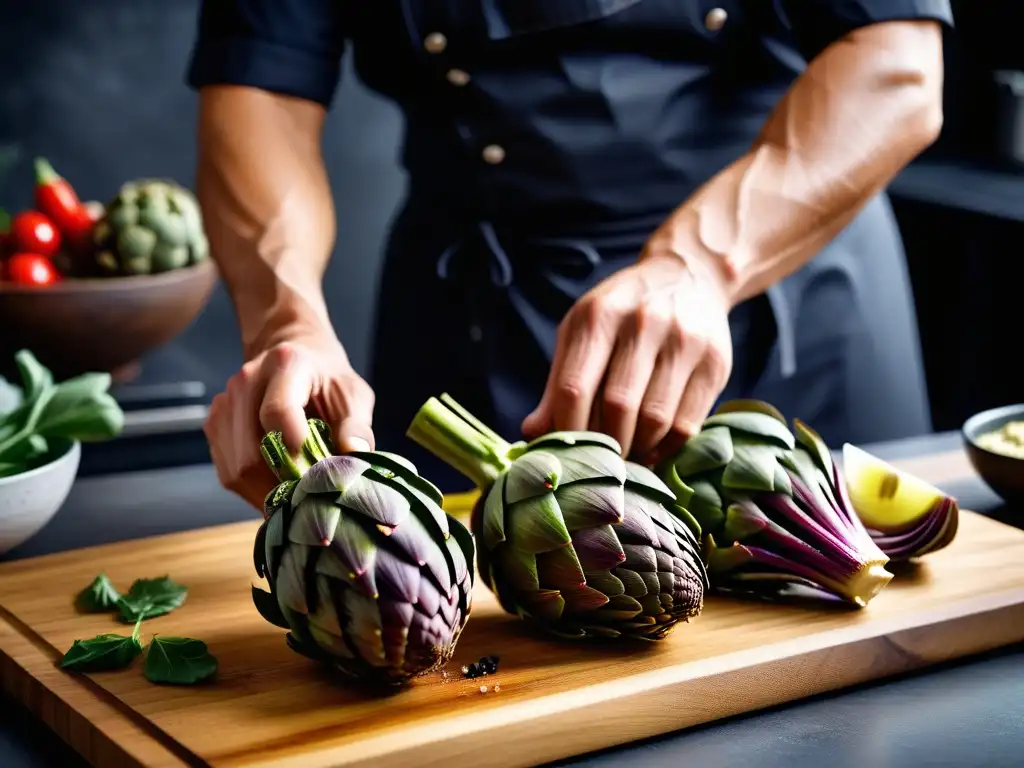 Un chef prepara con maestría una exquisita receta gourmet vegana con alcachofas frescas en una cocina moderna