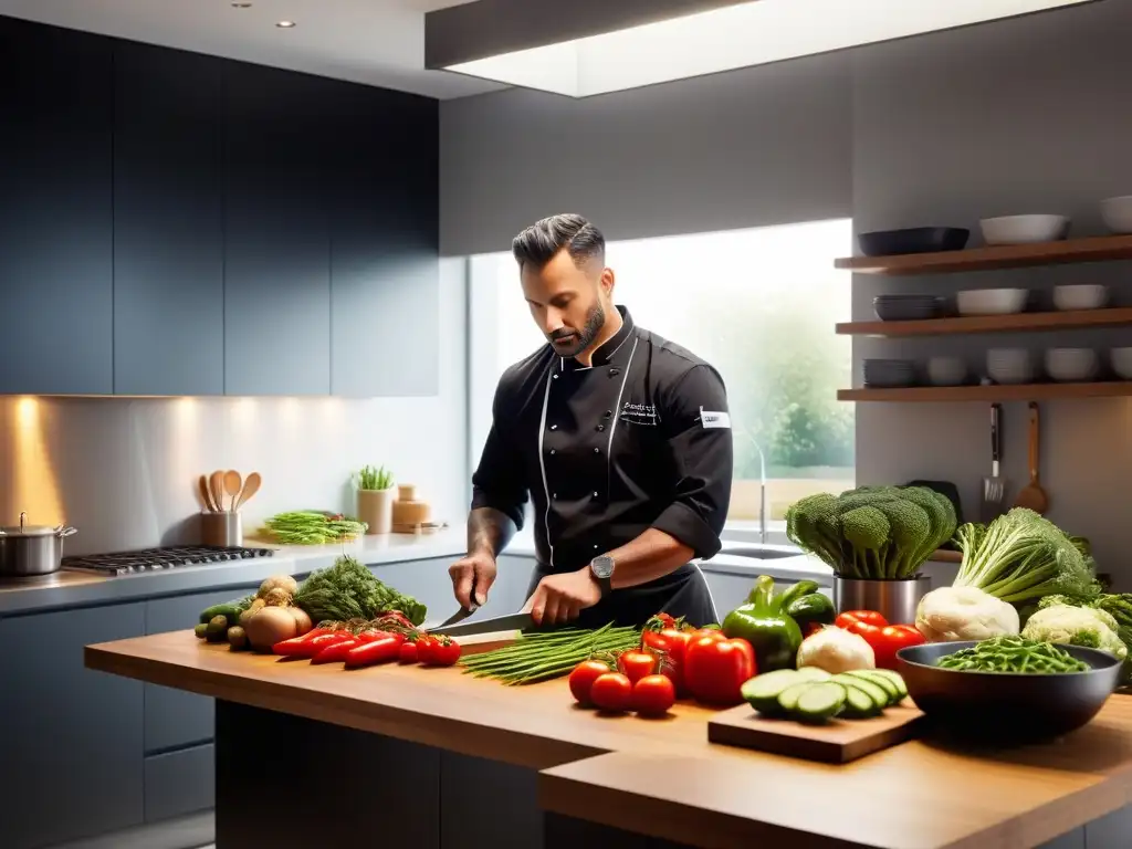 Un chef habilidoso en una cocina moderna, rodeado de verduras frescas y herramientas de cocina, creando un ambiente culinario profesional y vibrante