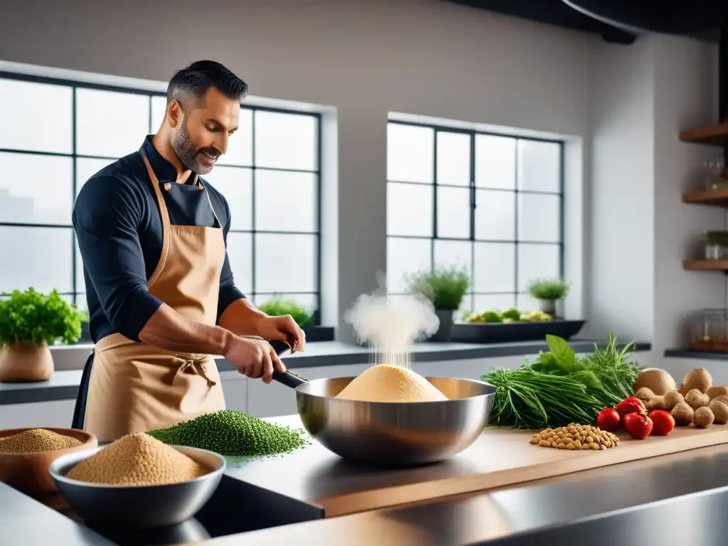 Un chef habilidoso prepara quesos veganos de anacardo en una cocina moderna e industrial, con luz natural