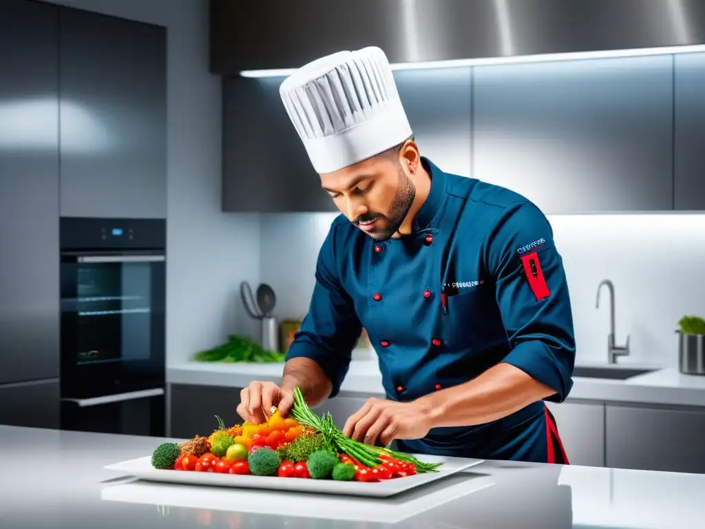 Un chef crea con innovación un plato vegano en una cocina moderna, fusionando ingredientes tradicionales