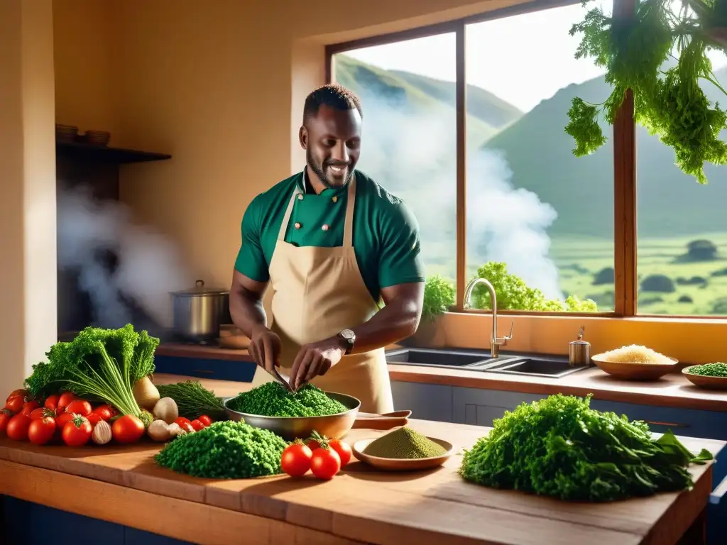 Un chef keniano preparando el popular plato vegano Sukuma Wiki en una cocina tradicional de Kenia, con ingredientes frescos y coloridos