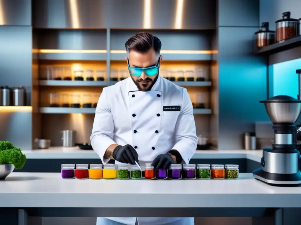 Un chef en un laboratorio de cocina futurista, fusionando técnicas de gastronomía molecular con cocina vegana