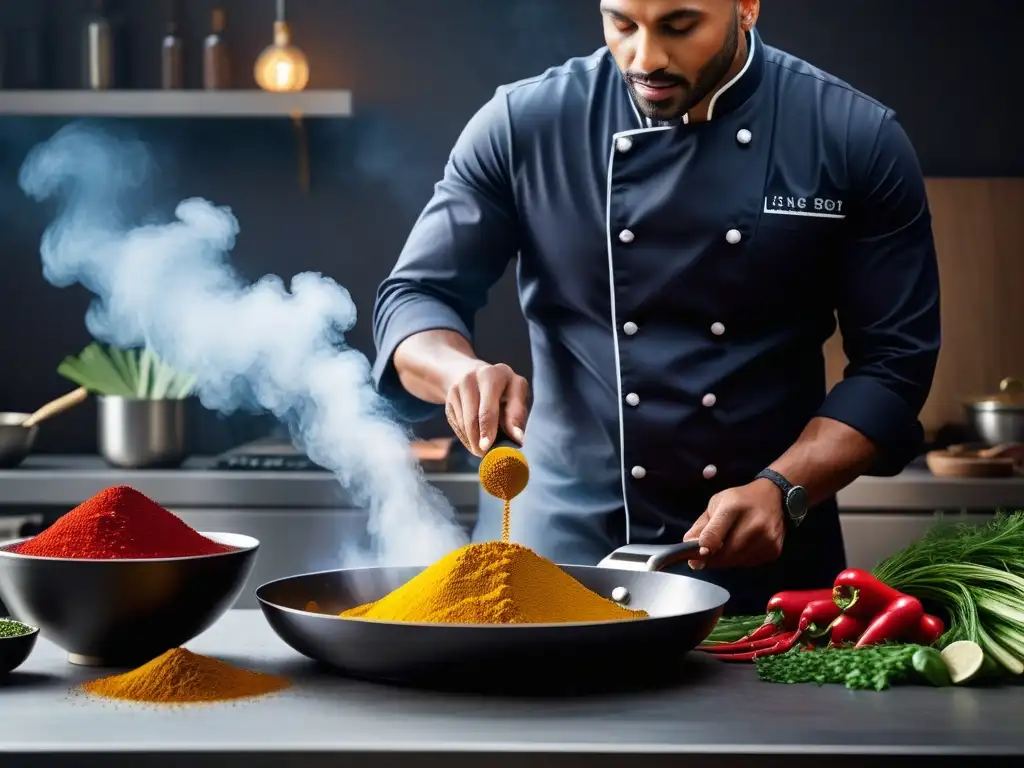 Un chef espolvoreando raíz de maca en una sartén rodeado de ingredientes frescos y coloridos en una cocina moderna y vibrante