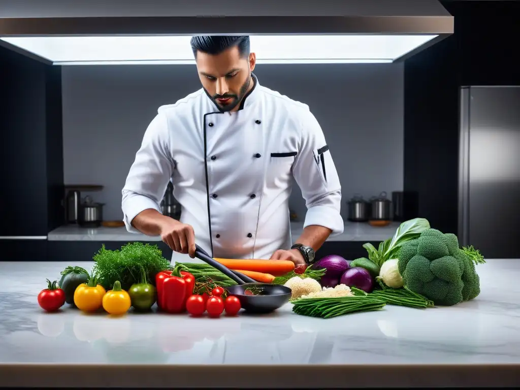 Un chef crea una obra maestra vegana en una cocina moderna con vegetales frescos