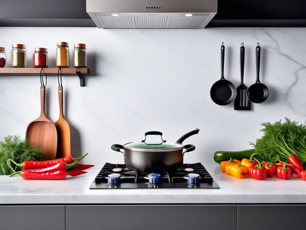 Un chef cortando pimientos rojos en una cocina moderna y vibrante, con verduras frescas y hierbas coloridas