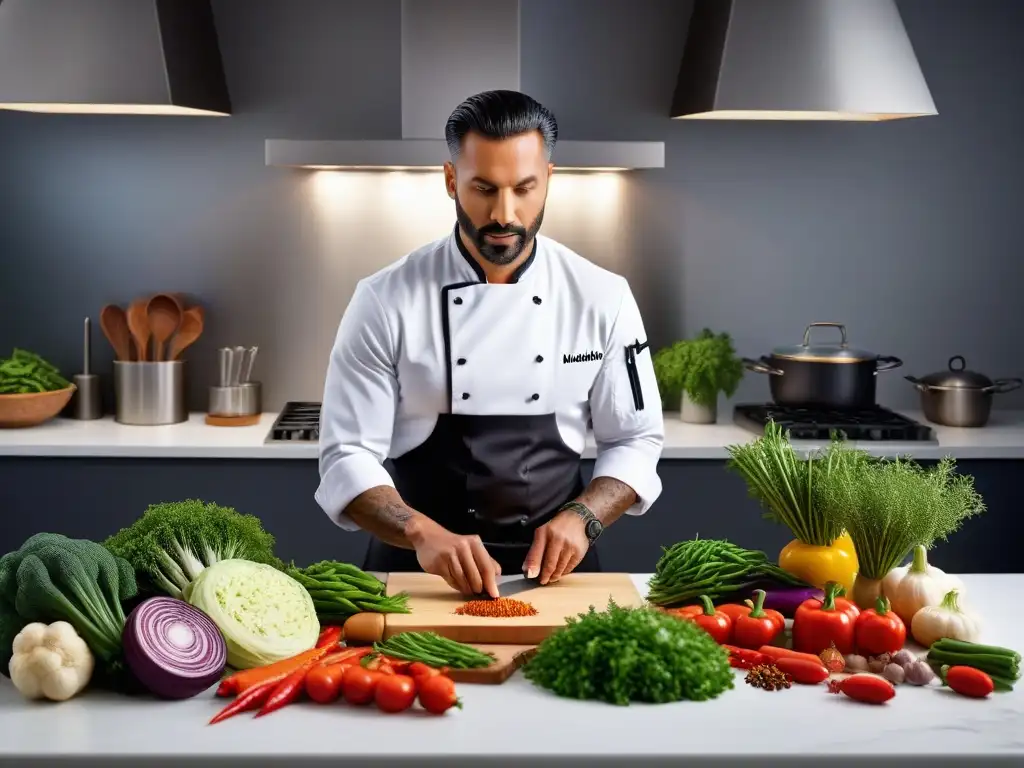 Chef fusionando tradición y innovación en cocina vegana americana Un chef preparando un plato innovador en una cocina vibrante, fusionando ingredientes veganos americanos tradicionales con técnicas modernas