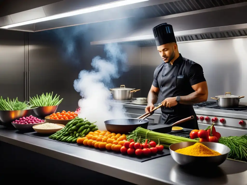 Un chef preparando un plato regional vegano en una cocina de hotel, con ingredientes frescos y coloridos