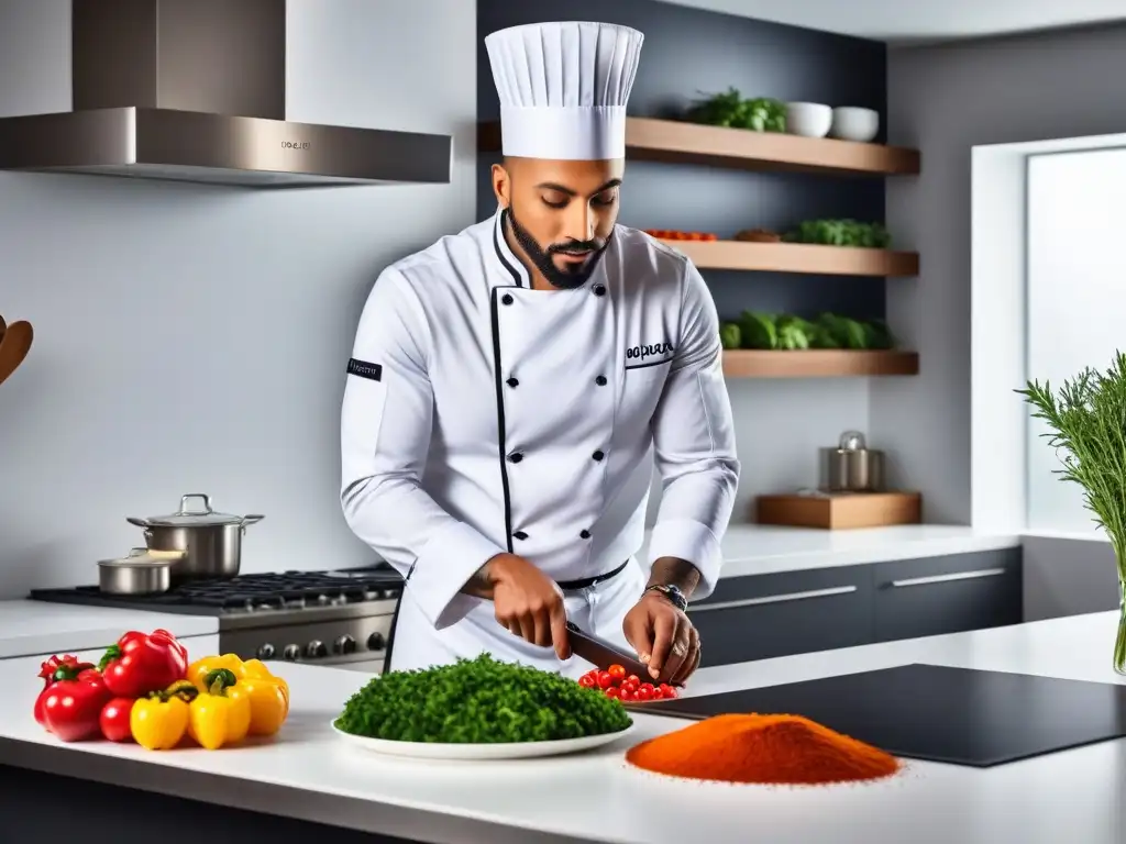 Un chef prepara plato vegano fusion en cocina moderna