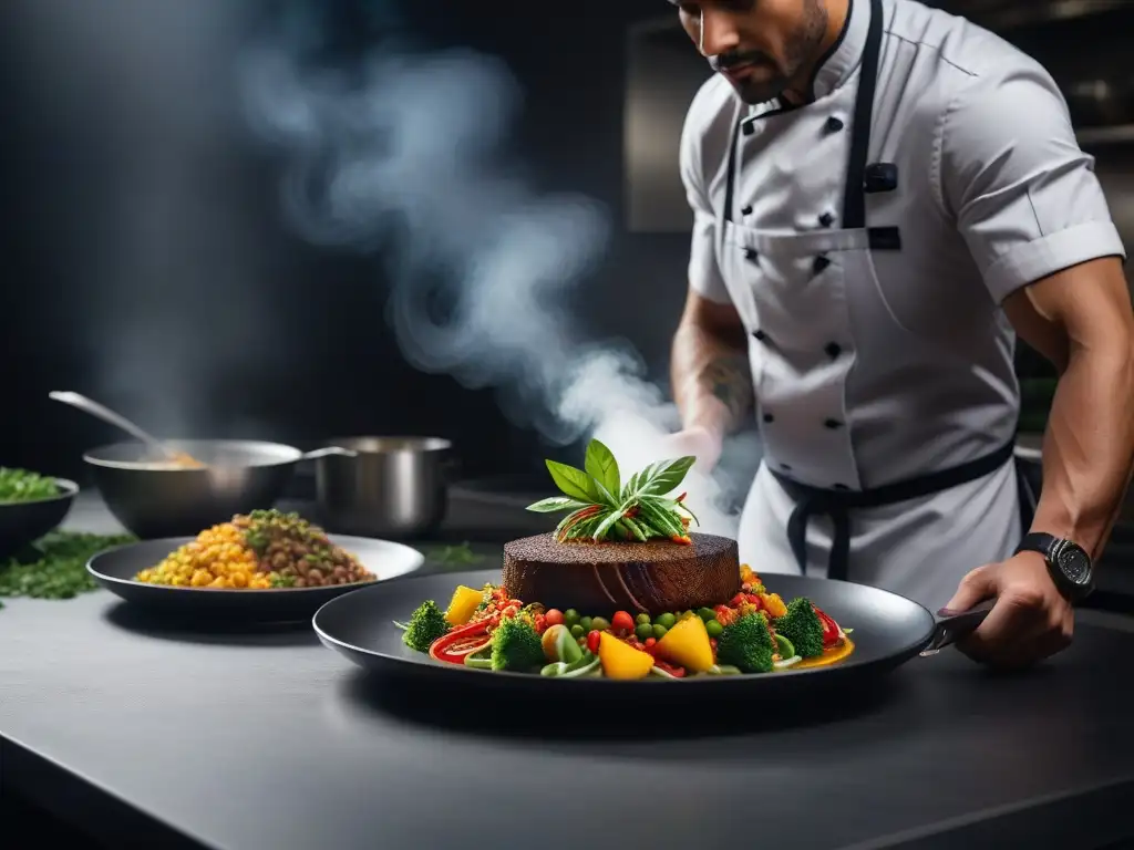 Un chef crea un plato vegano colorido y elaborado en una cocina profesional, mostrando técnicas de cocina vegana innovadoras