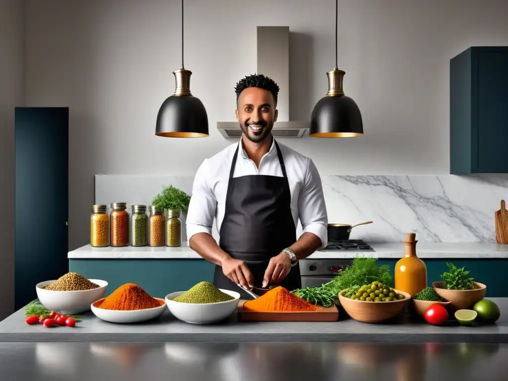 Un chef preparando un plato etíope vegano innovador en una cocina elegante