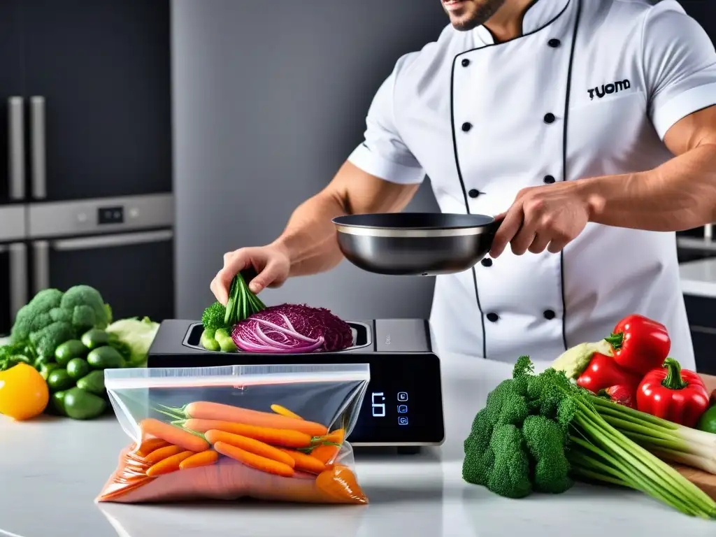 Un chef prepara platos veganos en una cocina moderna con tecnología de baja temperatura