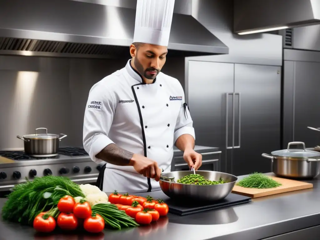 Un chef prepara con precisión un plato vegano usando técnicas de cocción lenta en una cocina moderna