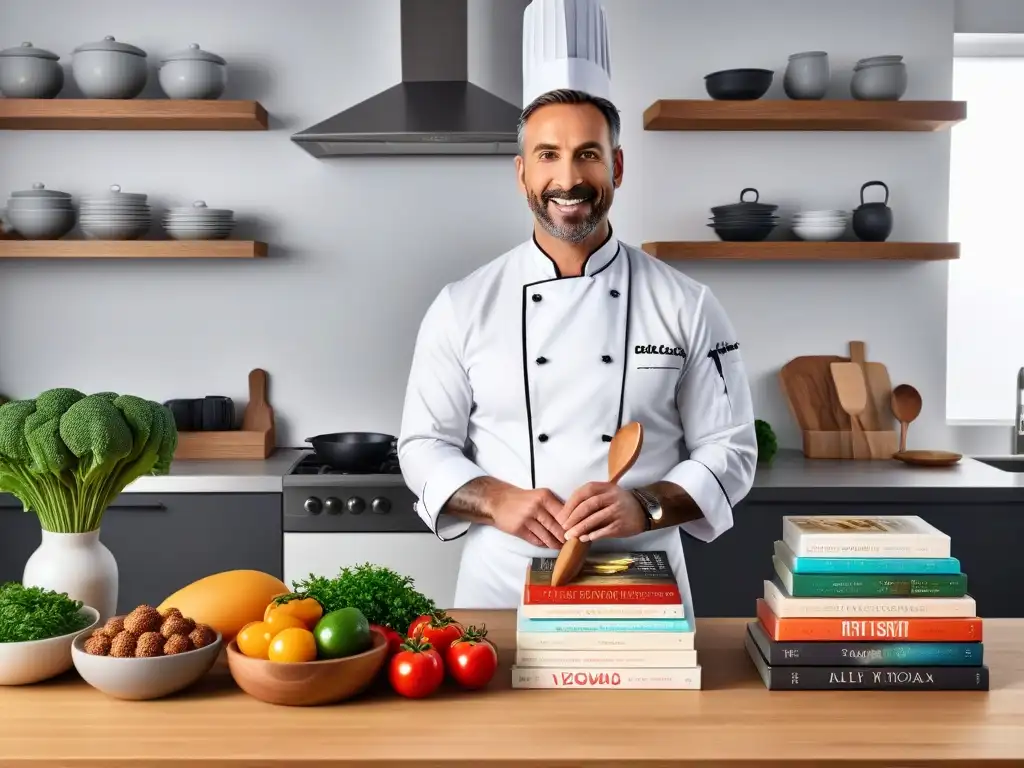 Chef profesional en una cocina moderna con libros de cocina vegana recomendados, preparando un plato colorido