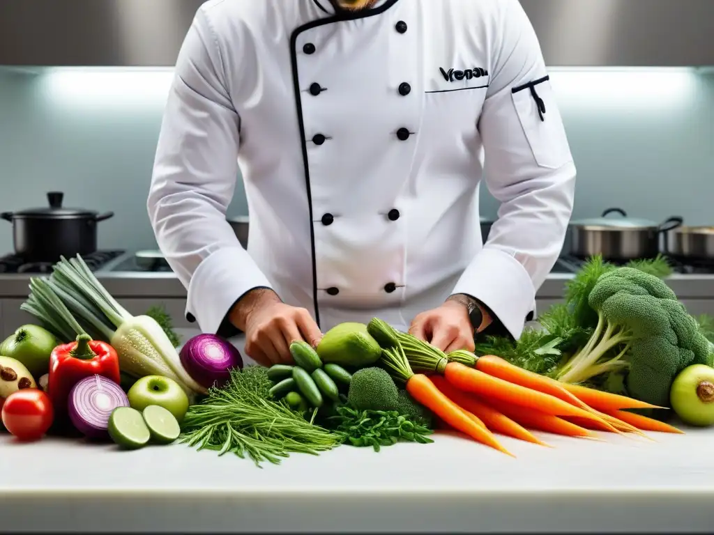 Un chef profesional corta verduras en una cocina moderna y vibrante