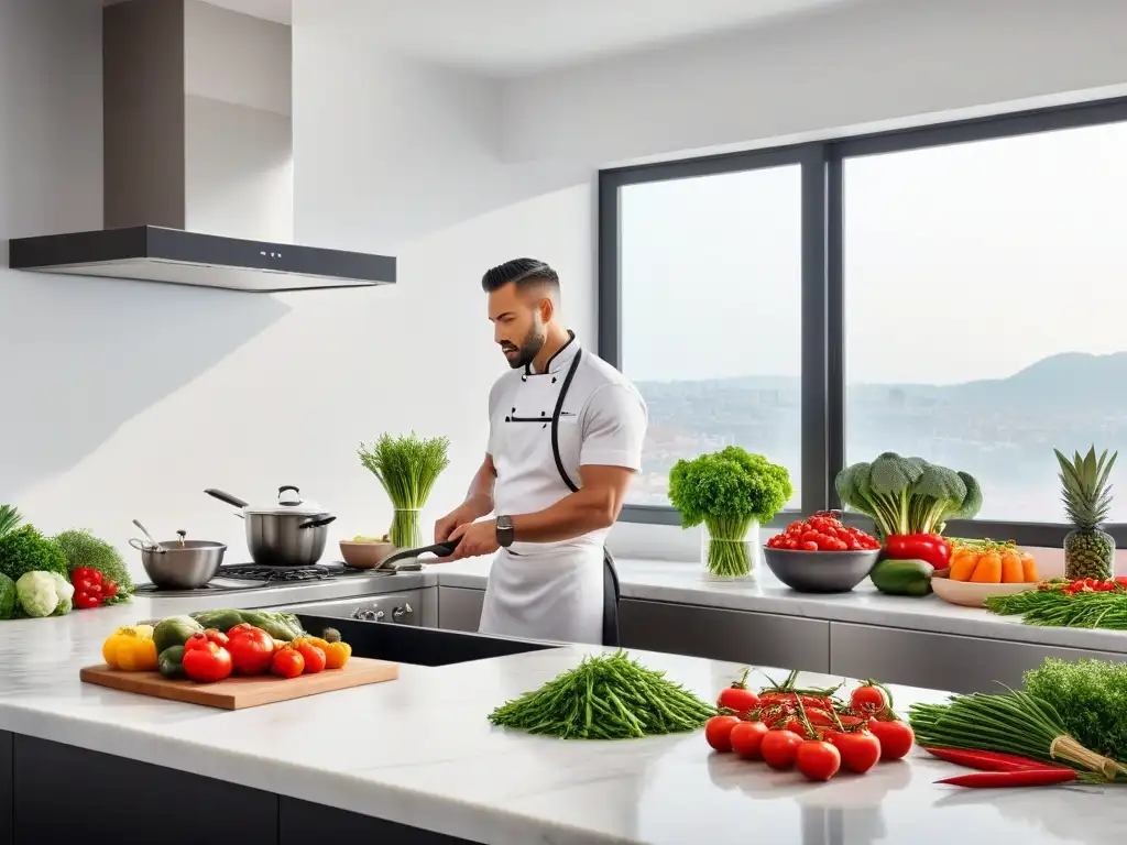 Un chef profesional preparando una deliciosa receta vegana avanzada en una cocina moderna y elegante