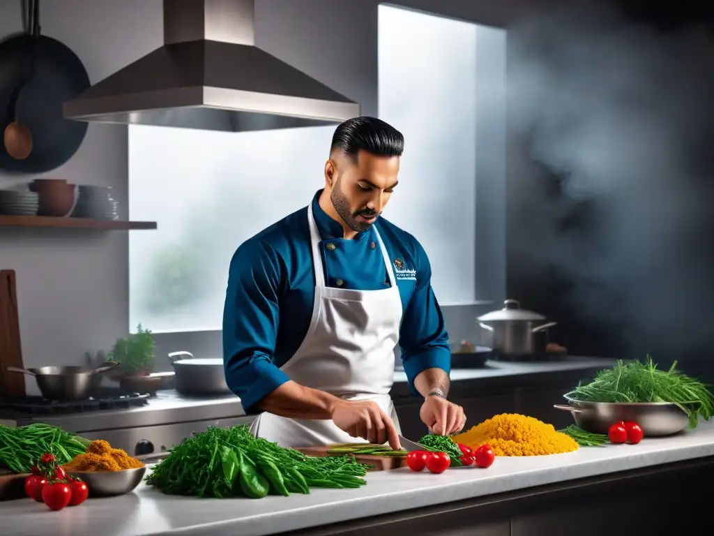 Un chef profesional preparando platos veganos con técnicas innovadoras en cocina tradicional