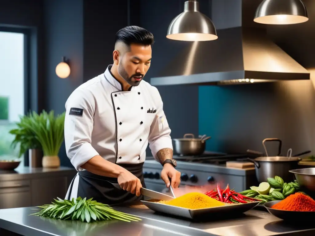 Un chef profesional lidera un taller de cocina tailandesa vegana, rodeado de ingredientes coloridos y cortando verduras con precisión