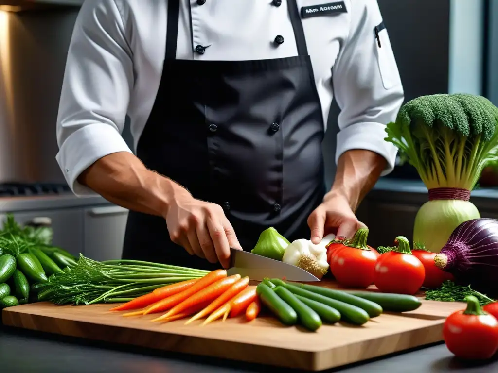 Un chef profesional cortando vegetales con precisión y destreza, destacando técnicas de corte en cocina vegana