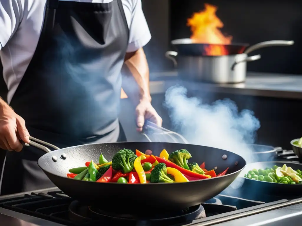 Un chef profesional salteando verduras crujientes en un wok caliente, creando una mezcla vibrante de colores y texturas