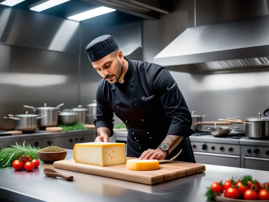 Un chef elabora queso Tilsit vegano con maestría en una cocina moderna