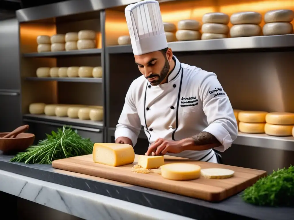 Un chef modela un queso vegano ahumado con destreza en una cocina moderna, resaltando su textura y técnica