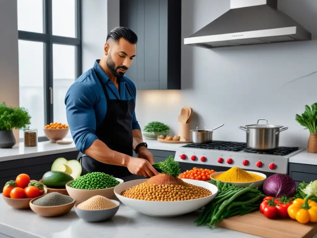 Chef preparando recetas innovadoras proteínas vegetales en cocina vibrante y moderna