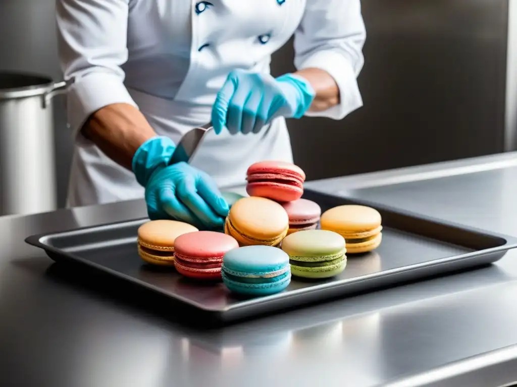 Un chef de repostería crea con destreza macarons veganos sin huevo en una cocina minimalista