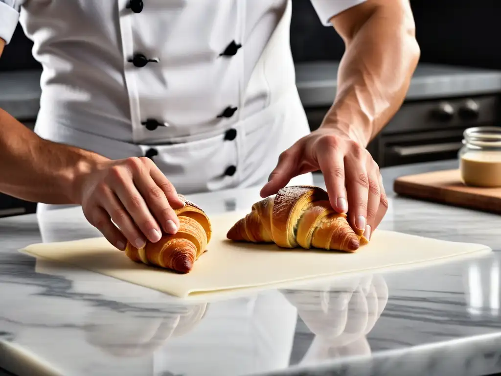 Un chef de repostería profesional elaborando con precisión croissants veganos deliciosos y saludables en una elegante encimera de mármol