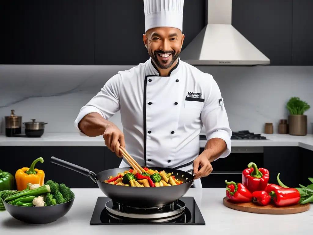 Chef preparando un salteado vegano con tofu y tempeh en una cocina moderna y vibrante