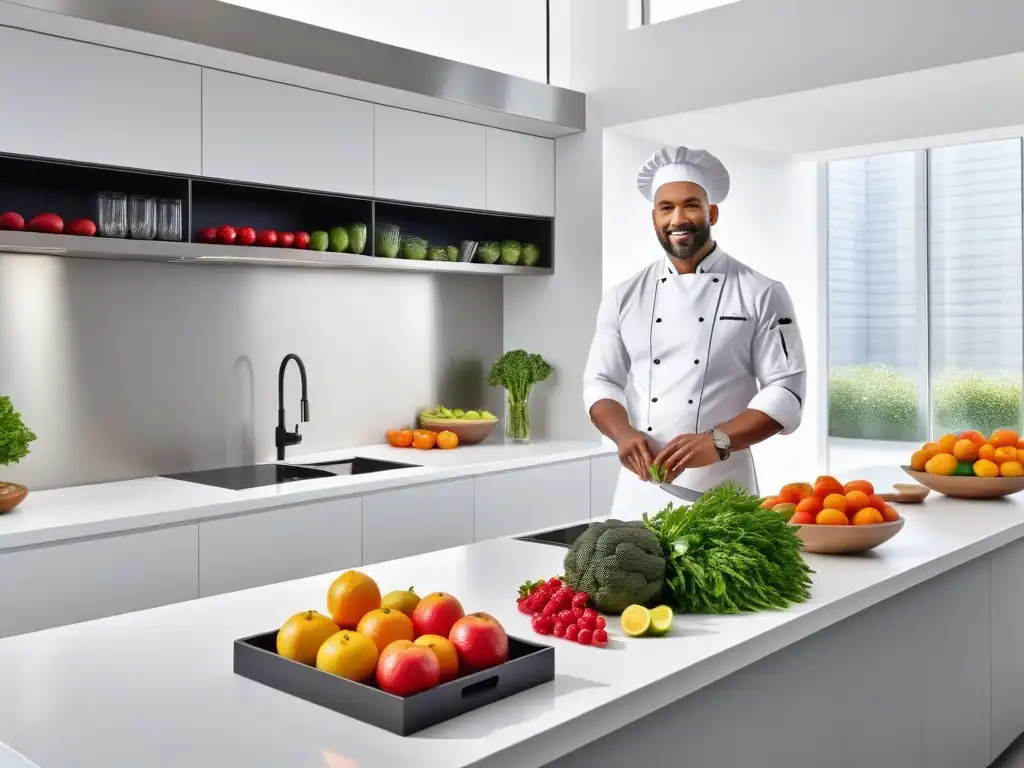 Un chef vegano prepara alimentos sin contaminación cruzada en una cocina impecable y organizada con frutas y verduras coloridas