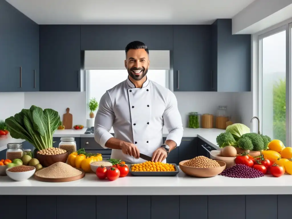 Chef vegano preparando comidas veganas altas en proteínas en una cocina moderna y colorida