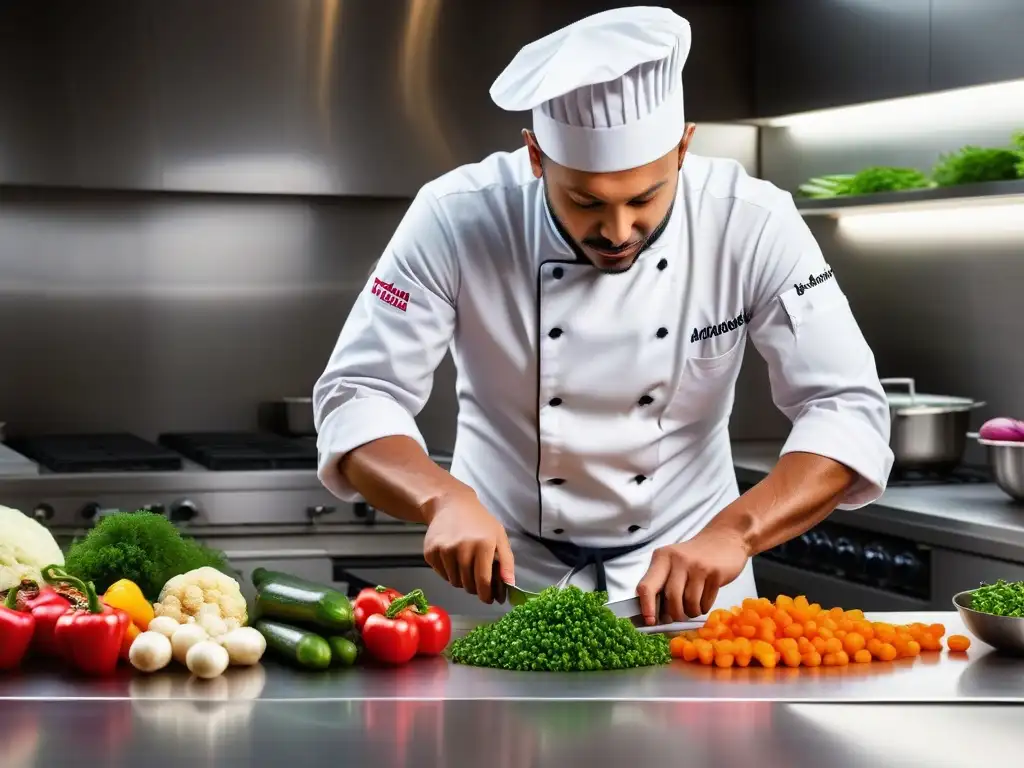 Un chef vegano experto cortando verduras frescas con precisión en una cocina moderna, mostrando sus consejos exclusivos chef veganos