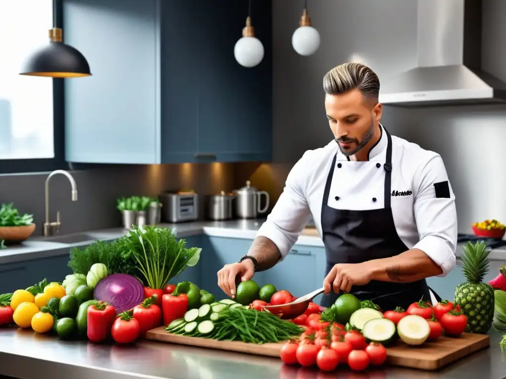 Un chef vegano preparando una exquisita creación en una cocina vibrante y llena de vida, ideal para las mejores apps chefs veganos